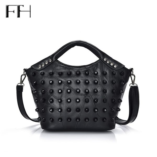 

wholesale- retro rivet patchwork women genuine goat leather handle shoulder bag lady elegant tote handbag female business crossbody bag
