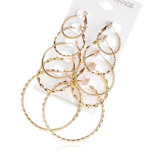 

5 pairs per set big circle hoop earring set for women simple punk style round circle earrings party jewelry hz, Golden;silver
