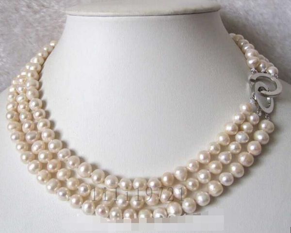

3 row 7-8mm white freshwater cultured pearl necklace, Silver
