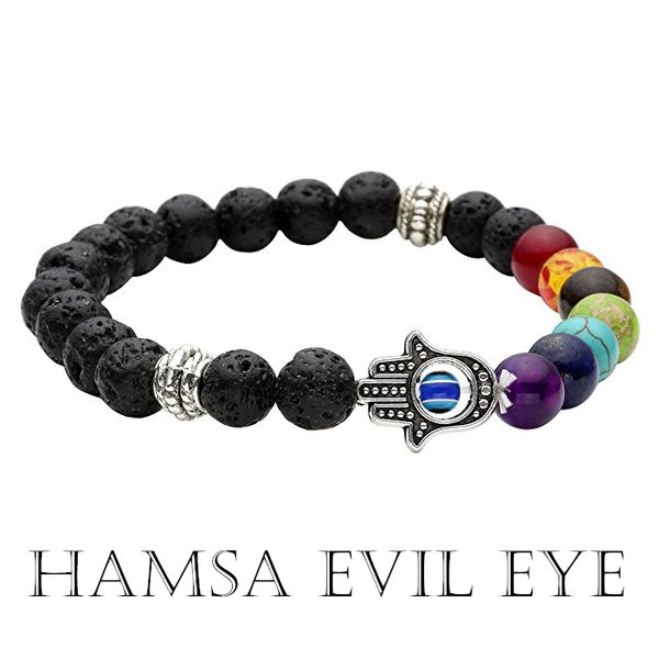 

8mm 7 chakras gemstone bracelet hamsa evil eye meditation yoga jewelry stretch bracelet essential oil diffuser bracelet b359s, Golden;silver