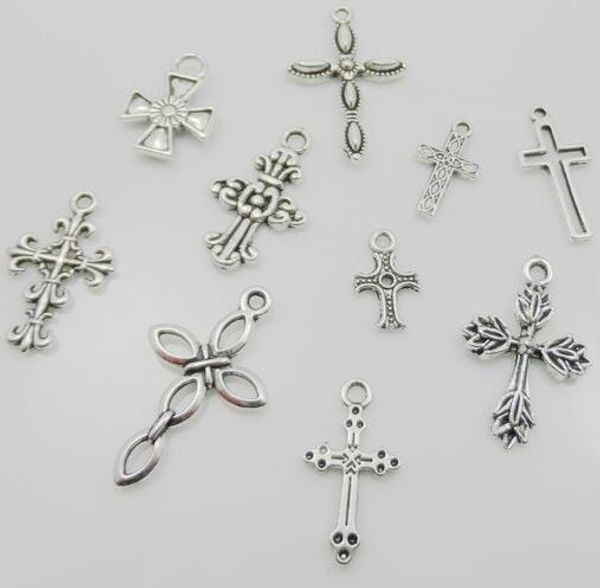 MIC New 10Styles Mic Tibetan Silver Cute Flower Design Croce Pendenti con ciondoli per gioielli Componenti risultati fai da te