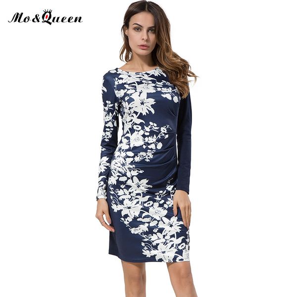 

wholesale- brand floral dress women 2017 fashion floral print black dresses for women casual long sleeve sheath polyester ladies dresses, White;black