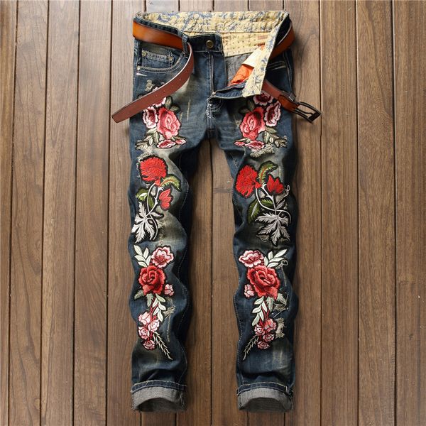 Wholesale- Man's Popular rose embroidery Jeans 2017 Brand design Hole patch ripped DJ nightclub jeans pants Plus Size 28-38 For Male