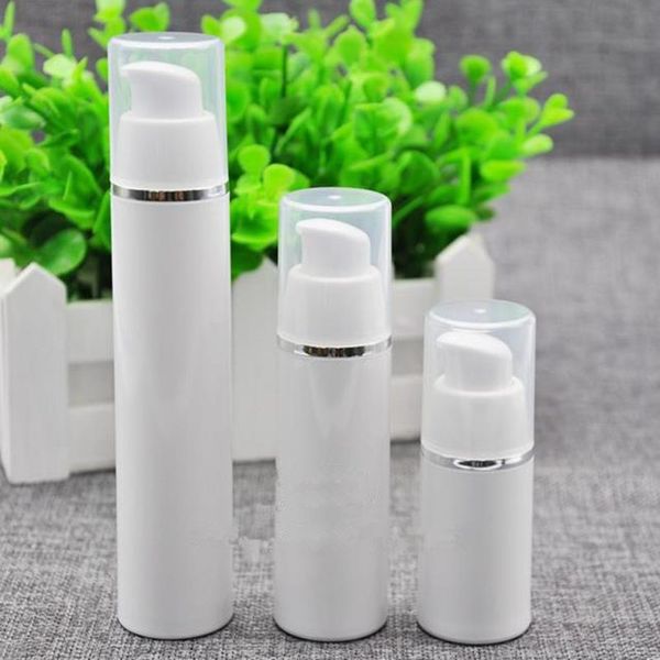 

15ml 30ml 50ml silver edge white empty airless pump bottles cosmetic lotion plastic treatment travel f20171145