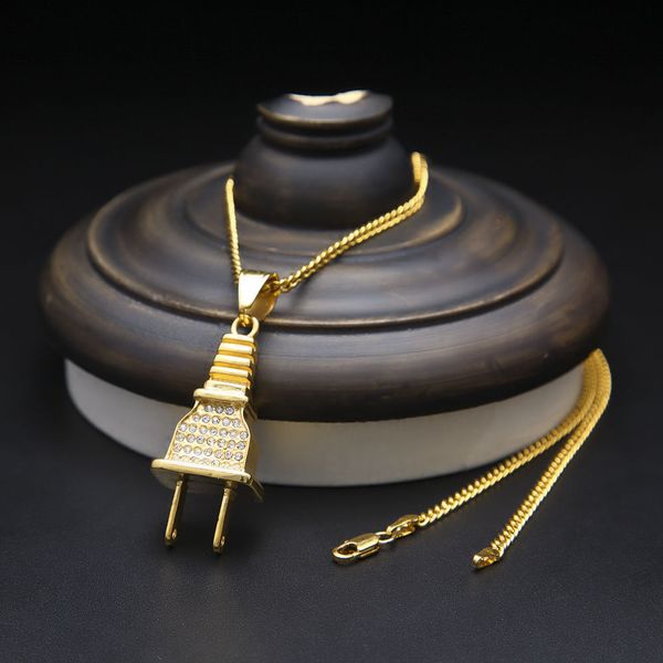 Хип-хоп ожерелье позолоченный титановый штекер CZ Кристалл Bling личность кулон ожерелье кубинская цепь ожерелье мужские ювелирные изделия