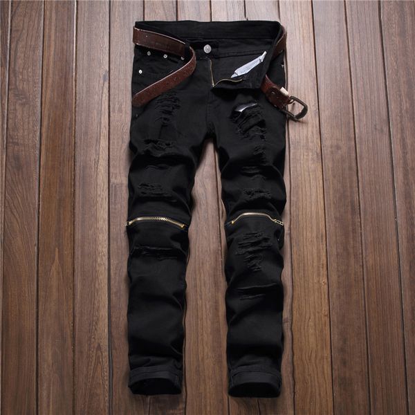 

wholesale men's fashion slim zipper tide ripped jeans white cozy male pants, Blue