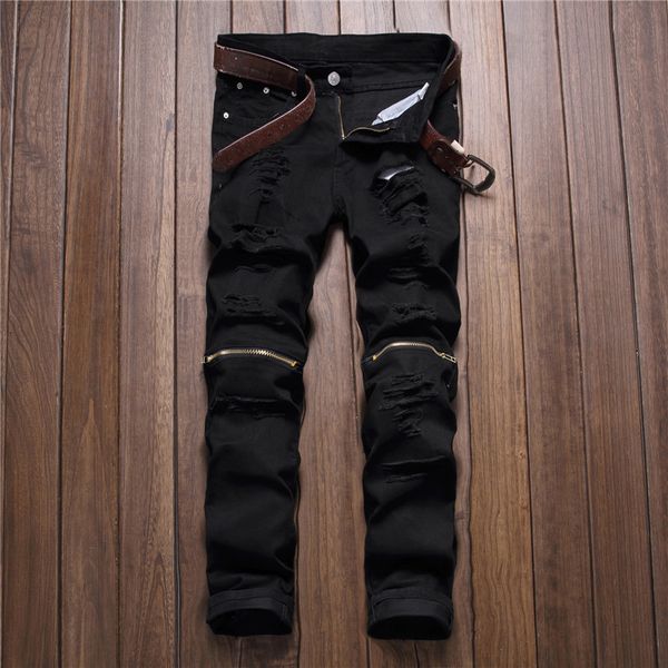 

wholesale men's fashion slim zipper tide ripped jeans white cozy male pants, Blue