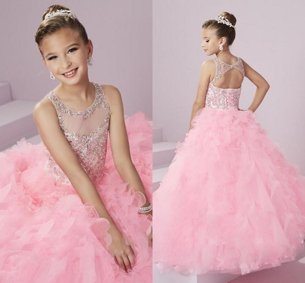 

baby pink cute glitz girl' pageant dresses sheer neck backless beaded crystals rhinestones princess kid' formal wear with tiers, White;red