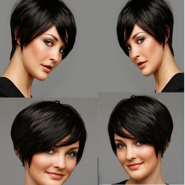 parrucche corte taglio corto simulazione capelli umani parrucca corta dritta con frangia per donne nere in stock