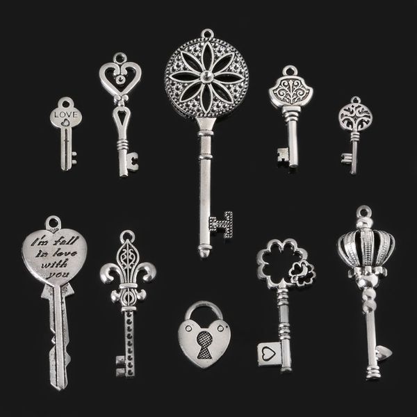

wholesale-46pcs new diy fashion craft accessories jewelry findings metal vintage silver mixed key charms pendant for handmade, Bronze;silver