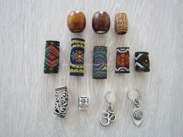 

wholesale-12pcs/lot mix wooden metal fabirc hair braid dread dreadlock beads clips cuff, Black;brown