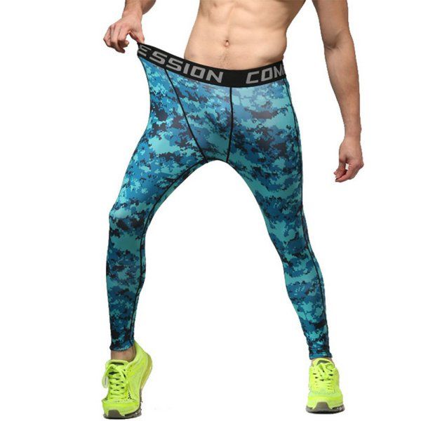 

wholesale- men multicolor compression base layer running camo pants fitness sports training gym trousers, Black;blue