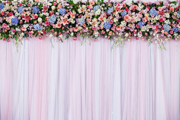 Digitaldruck-Vinyl-Hochzeitsvorhang-Hintergrund für Fotografie, gedruckte rosa blaue Blumen, Kinder, Kinder, Fotostudio-Hintergründe