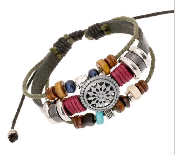 

manual wood beads braided leather bracelet for women & men adjustable knot multilayer punk bohemian vintage brass jewelry wholesale, Golden;silver