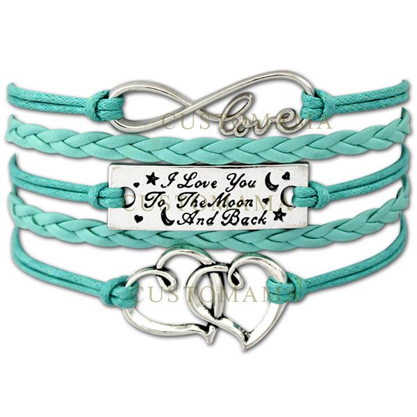

wholesale-(10 pcs/lot) infinity love i love you to the moon and back double heart charm bracelet gift wax & leather custom any themes, Golden;silver