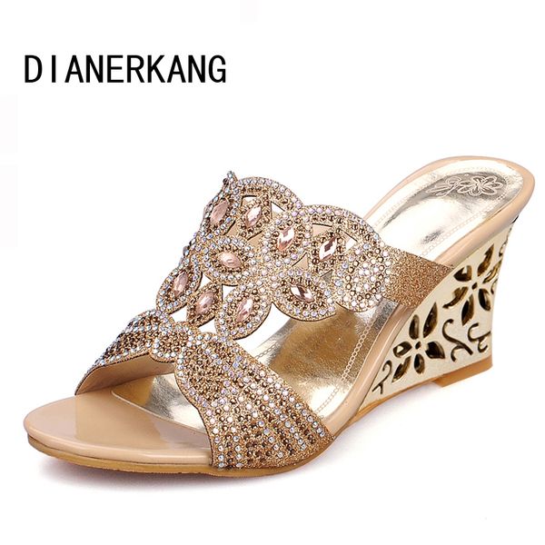 

wholesale-new 2016 summer fashion women sandals rhinestone butterfly cut-outs high heels wedges sandals party shoes woman slides l35, Black
