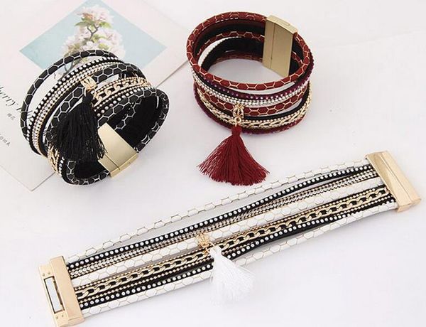 

12pcs/lot braided multilayer rhinestone leather bracelet femme 2017 brazilian beach magnet buckle tassel friendship bracelets boho jewelry, Golden;silver