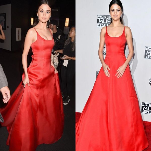 Semplici abiti da ballo rossi Cinghie lunghe senza spalline Raso A line Abiti da red carpet sexy in tinta unita Abiti da sera Zipper Back Celebrity Party Dress