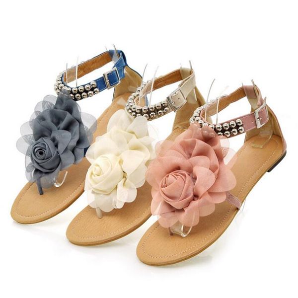 

Gladiator sandals for women bohemian beaded summer flower flat heels flip flops women's shoes T-straps sandals size 35-43