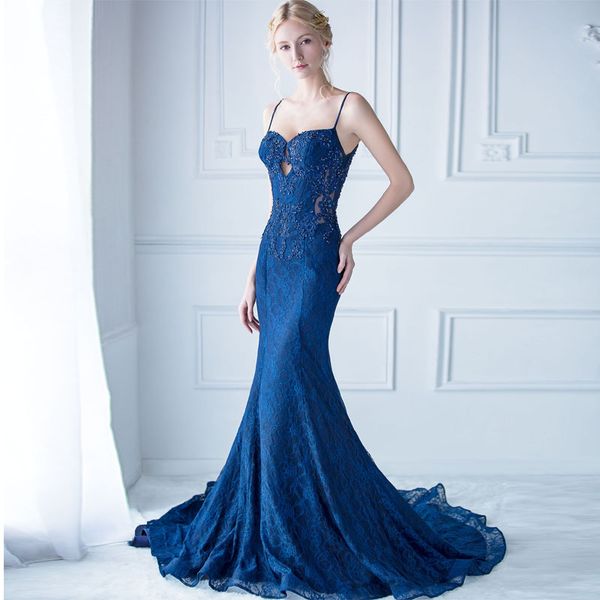 

elegant navy blue lace mermaid evening dresses full lace appique spaghetti sweetheart beading prom gowns hollow back formal party dress, Black;red