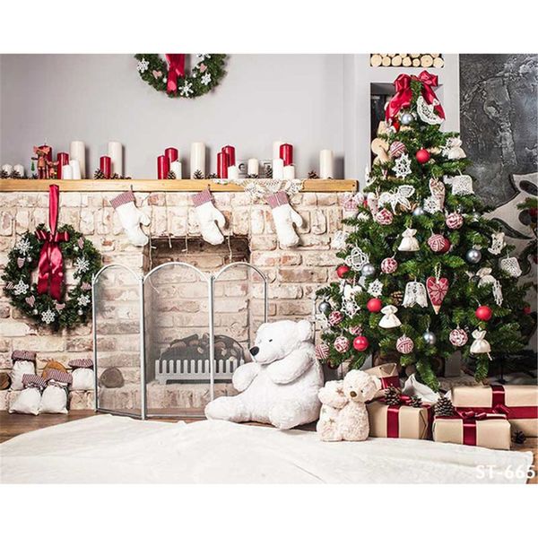 Fondali per feste di Natale per interni per fotografia Albero di Natale decorato Ghirlanda Orso giocattolo Decorazione per la casa Cabina fotografica di famiglia Sfondo 7x5ft