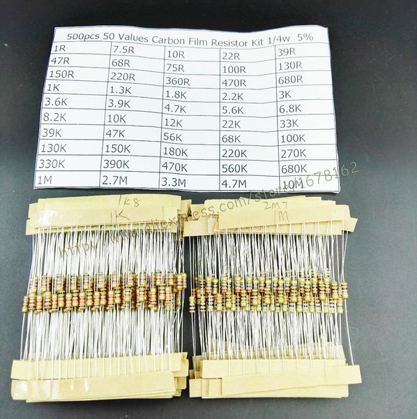

wholesale- 500pcs 1/4w 0.25w 5% carbon film resistor kit 50 values assortment pack mix selection (1r~10m ohm)
