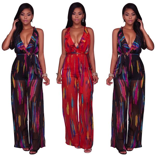 

women elegant party rompers sleeveless summer bohemian chiffon wide leg jumpsuits deep v neck backless overalls playsuit, Black;white