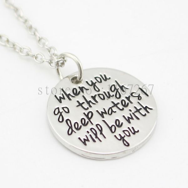 

wholesale-2015 new hand stamped jewelry "when you go through rough waters i will be with you" bible verse necklace inspirational u, Silver