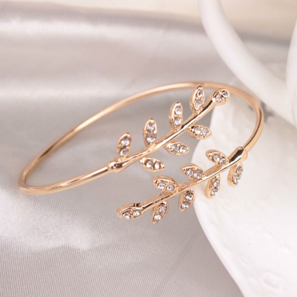 

alloy bangles with crystal leaf charm bracelets for women open adjustable cuff bangles bracelets gold silver rose gold, Black