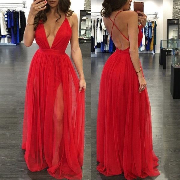 Mergulhando V Neck Backless Prom Dress All Red Tulle Comprimento Pavimento Spaghetti Cruz Moda Correias Praia Bohemian longo vestido de noite para mulheres