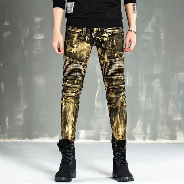 

high-quality new gold silver coated men jeans elastic skinny slim biker jeans man motorcycle pants hip hop nightclub style, Blue
