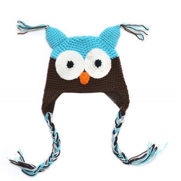 

wholesale-cute handmade owl knit hat cap light blue and coffee, Blue;gray