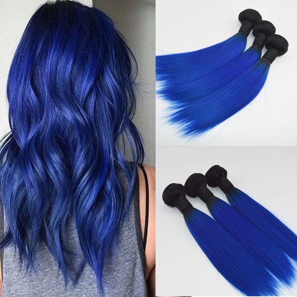 Оптовая цена омбре синие волосы ткет бразильские прямые человеческие волосы расширения Реми пучки волос 100 г один кусок