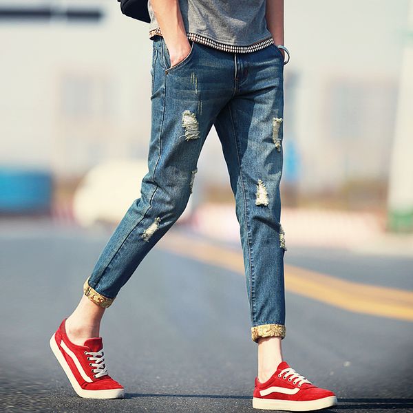 

wholesale- 2017 summer new stretch self-taught nine points of the feet lace jeans male tide large size pants, Blue
