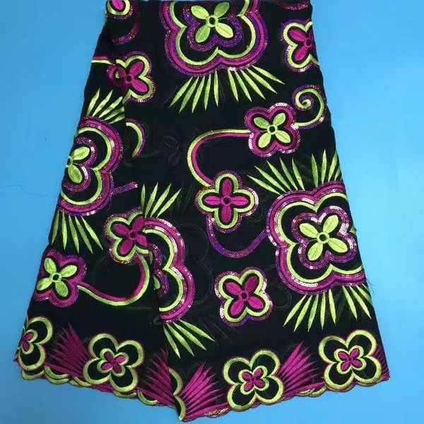 

5 yds/pc black african cotton fabric with fuchsia and green sequins flower design swiss voile lace for clothes bc144-4