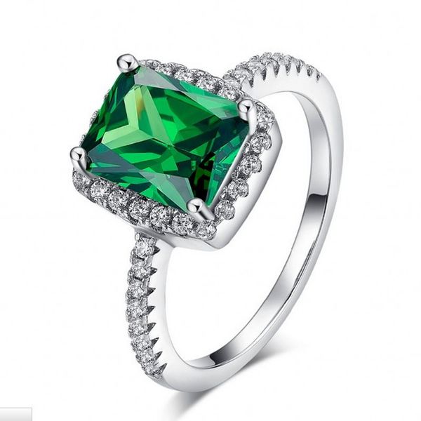 Vecalon Marca Feminina Almofada Corte 3ct 5A Zircon Verde Cz Sterling Sier Anel de Noivado de Casamento para Mulheres