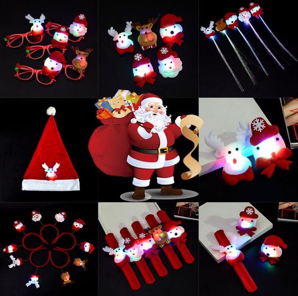 Varie decorazioni natalizie LED Spilla a treccia per cappello di Babbo Natale Bracciale cerchio alce Pupazzo di neve Fasce per capelli occhiali