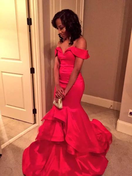 

elegant red mermaid evening dress ruffles tiered backless prom gown formal occasion wear custom made, Black;red