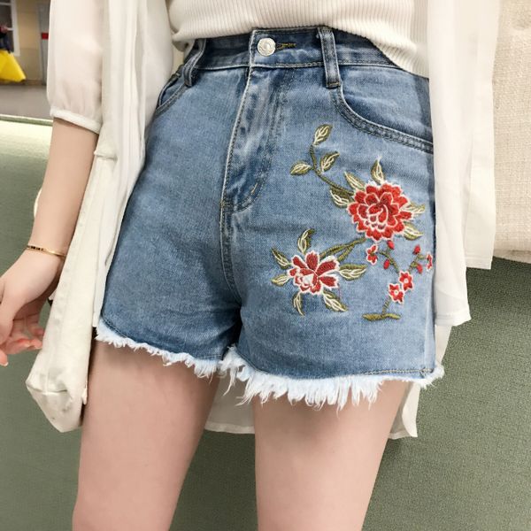 

new fashion ripped jeans women's casual short jeans floral emboridery denim shorts pants vaqueros mujer distressed mid waist shorts jhj, Blue