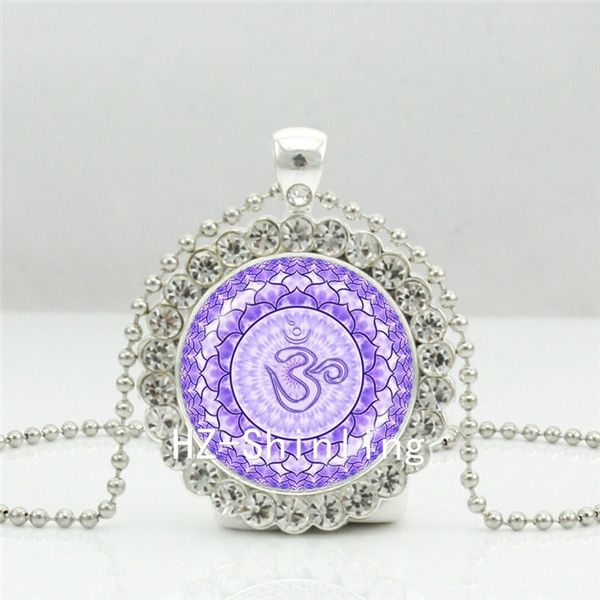 

new purple om necklace purple mandala crystal pendant buddhism jewelry ball chain long necklace ndc-0067, Silver