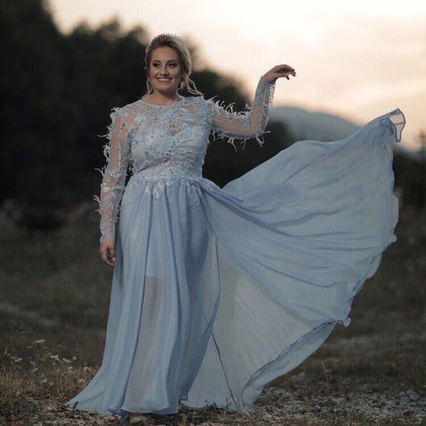 

blue sky dresses evening wear plus size feather bead vestidos festa with sleeves lace sheer prom dress long for fall, Black;red