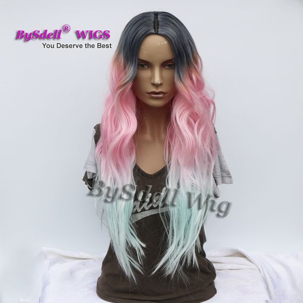 Grey Ombre Pink Color Then Ice Blue Hair Wig Synthetic Long