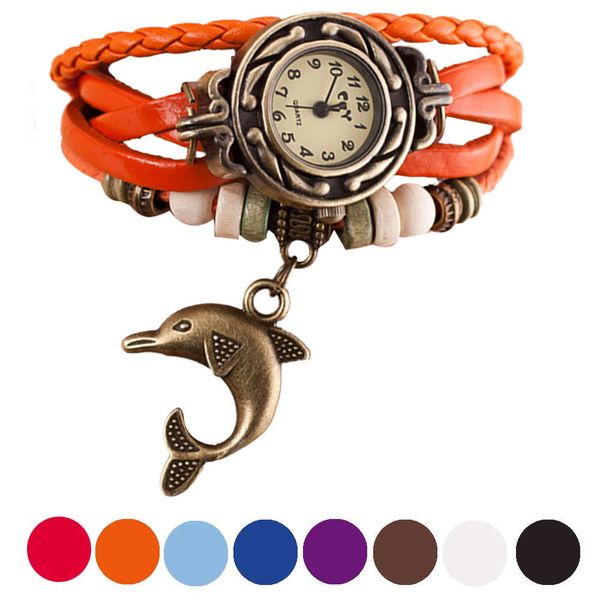 

braided dolphin pendant bracelet watch weave leather wristwatch quarzt watch women dress watches, Slivery;brown