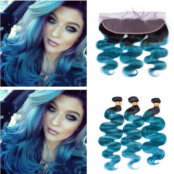 

1b blue ombre lace frontal clo ure with bundle two tone dark root ombre indian virgin human hair body wave 3bundle with full frontal