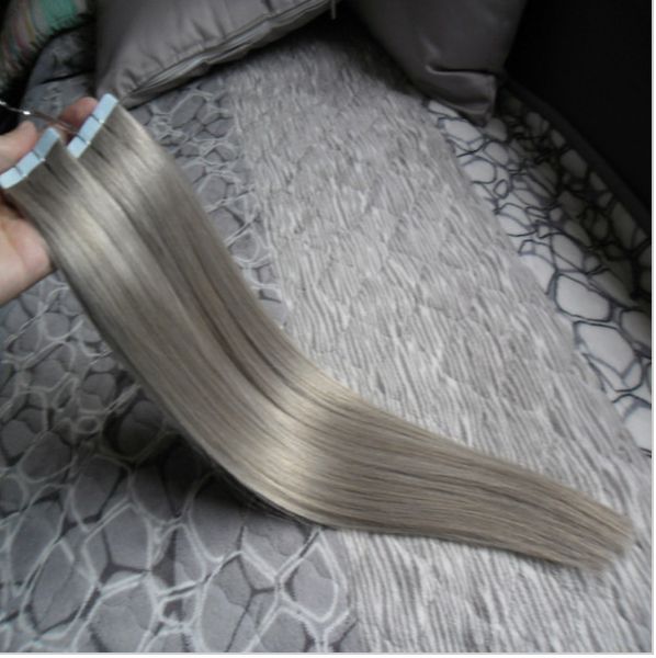 

8a grade silver gray color hair extensions brazilian tape in remy hair straight hiar weft pu 100g human hair extensions tape in, Black