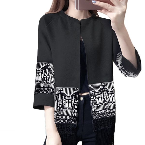 

wholesale- 2016 winter sweater cardigans vintage pattern tassels casual tunic coats knitwear pull femme white black red khaki gray w0