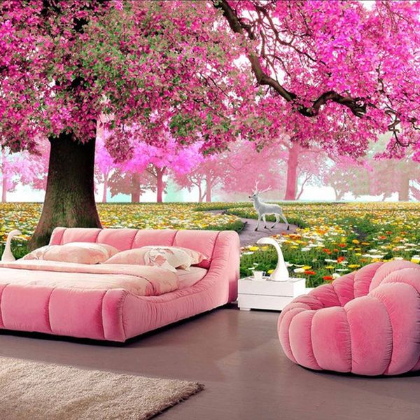 

wholesale- custom any size 3d romantic pink woods mural home decor wall paper roll bedroom living room sofa background wall covering murals