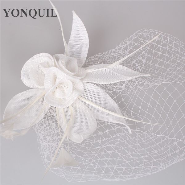 

white color yarn headband delicate headwear wedding fascinator face veil feather hat women brides fashion hair accessories party supplies, Slivery;golden