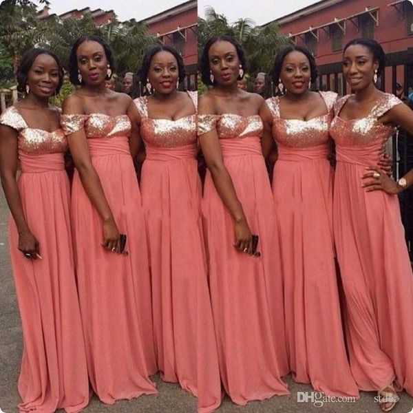 Acheter 2019 Filles Noires Africaines Robes De Demoiselle Dhonneur Pour La Fête De Mariage Pas Cher Une Ligne Paillettes Manches De Bal Robes De Bal