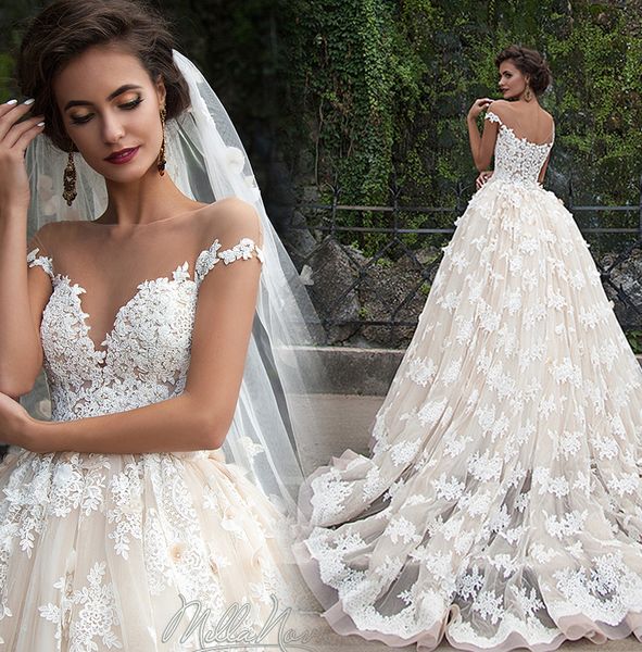 

custom full lace ball gown wedding dresses 2019 with cap sleeves v-back appliques 3d floral wedding bridal gowns exquisite cinderella, White
